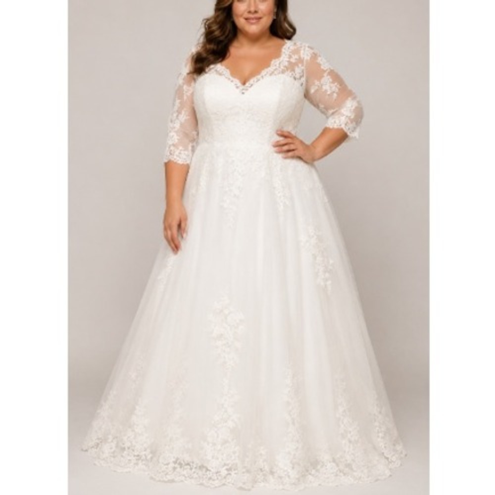 RYANTH Women's White Lace A-Line V-Neck 3/4 Sleeve Wedding Gown Plus Size 16 NWT